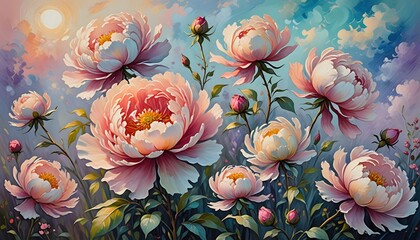 Romantic Abstract Peony and Rose Floral Painting – Dreamy Pastel Watercolor and Oil Art in 8K | A dreamy, abstract floral painting featuring blooming peonies and delicate roses in vibrant blush pinks.
