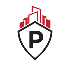Real Estate Logo On Letter P Concept With Building and Shield Symbol Vector Template