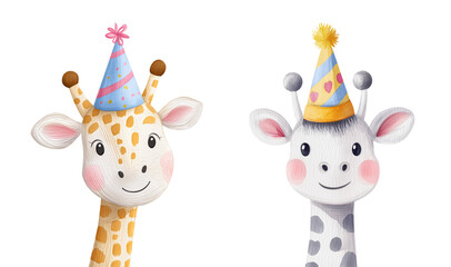 Fototapeta premium Head of happy giraffe in party hat. Children's illustration of stylized animal for design greeting card, pencil drawing. Isolated clipart with clear even edge on transparent background