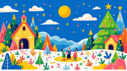 Illustration of winter landscape at Christmas time.