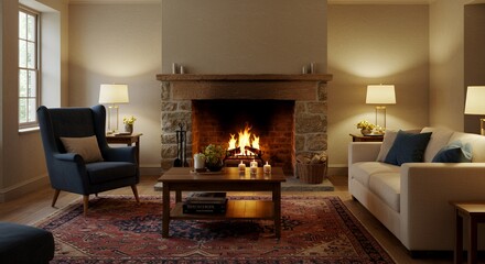 Cozy Evening by the Fireplace in a Rustic Living Room