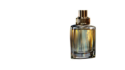 Elegant perfume bottle with a golden cap placed on a dark background with soft lighting
