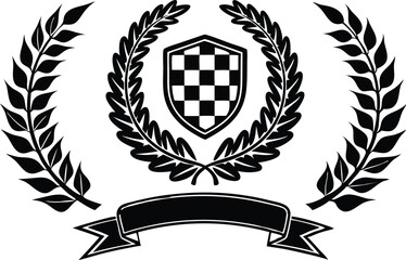 Black and White Racing Flags with Laurel Wreath Shields vector illustration 
