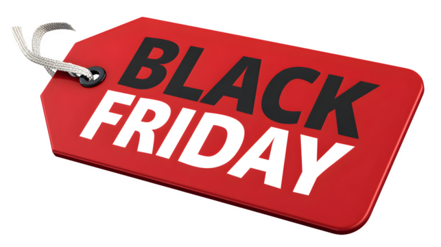 Diagonal view of Black Friday tag with bold discount text, on transparent or white background