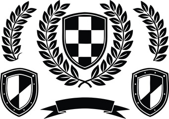 Black and White Racing Flags with Laurel Wreath Shields vector illustration 