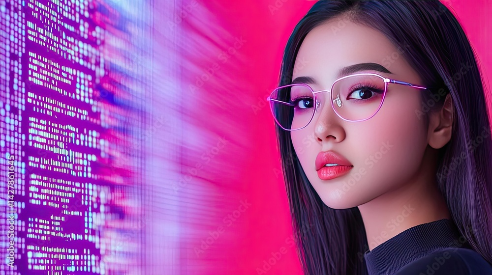 Poster woman looking at code with cyber screen programming concept. a modern woman in glasses, surrounded b
