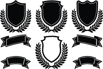 Black Shields and Banners Laurel Wreath Elements vector illustration
