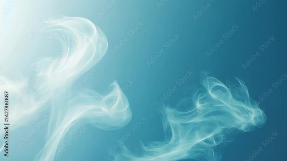 Poster ethereal smoke swirls in fluid patterns against serene blue background, creating tranquil and abstra