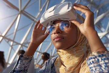 Muslim woman adjusting VR headset strap with both hands, close-up in bright urban apartment interior