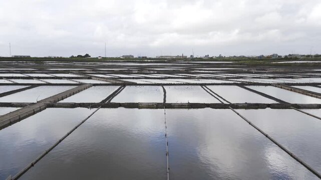 Close up view of a salt farm (salinas) in Ria de Aveiro, farm full of water waiting for the evaporation process. Windy day creating some movement on the water. Birds flying in front of the camera.
