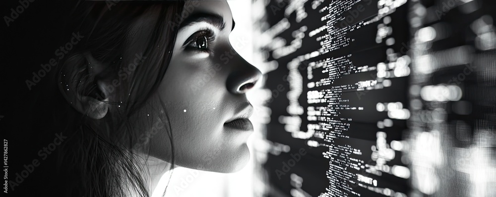 Poster woman looking at code with cyber screen programming concept. thoughtful woman contemplating digital 