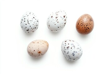 Fototapeta premium Variety of speckled eggs arranged on white background