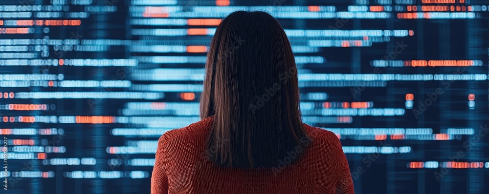 Poster Woman looking at code with cyber screen programming concept. Woman analyzing data on a digital screen in a modern workspace.