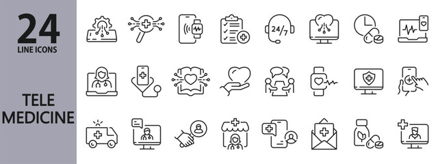 Telemedicine line icons set with Doctor, Watch, Health, Medicine, Healthcare, Clinic, Tech and more. Editable Stroke