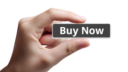 Hand pressing "Buy Now" button on touchscreen isolated on transparent background