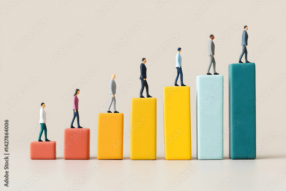 Poster a representation of growth and progress, featuring miniature figures ascending colorful blocks, symb