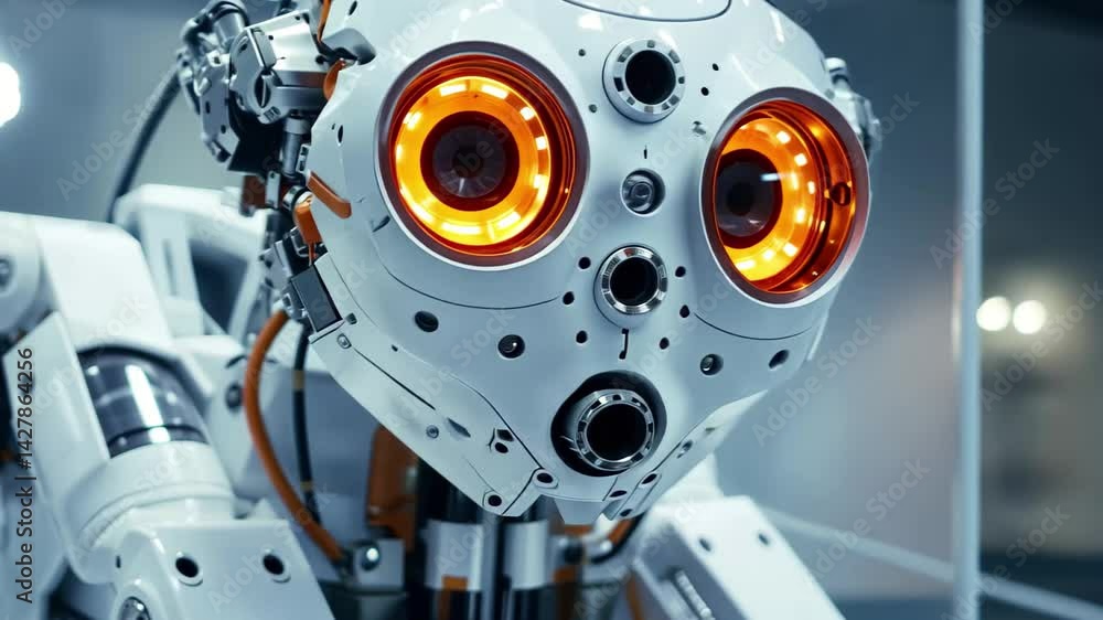 Poster closeup of a futuristic robot showcasing advanced technology and design features in a modern setting