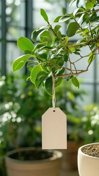 A tag hangs from a plant branch. The tag is white and has a blank space