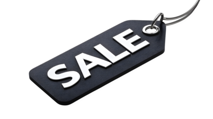 High-resolution black sale tag with white letters and metal loop, on transparent or white background