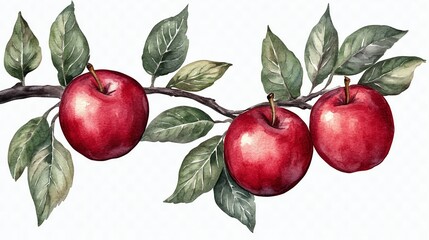 Watercolor Red Apples Branch Painting