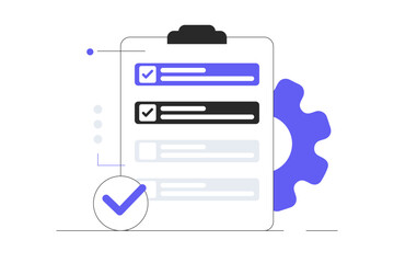 To do list or planning concept. All tasks are completed. Paper sheets with check marks. Gear. Flat Cartoon Vector Illustration, icon. Stylish abstract design landing page
