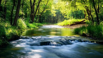 Serene river flows through lush green forest, where vibrant trees bask in soft sunlight, creating tranquil landscape filled with natures beauty and soothing sound of water.