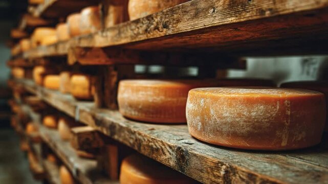 Artisan Cheese Wheel Aging: A close-up showcases wheels of artisan cheese aging gracefully on weathered wooden shelves, capturing the essence of culinary tradition and gastronomic artistry.