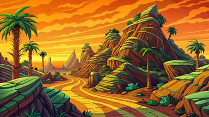 Amazing View Palm Tree Desert Path to Mountain Peak Low Light Tropical Landscape illustration vector