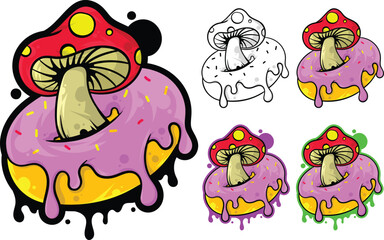 Illustration of a donut and a mushroom cartoon
