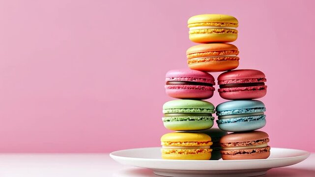Colorful macarons stacked on white plate against pink background create delightful dessert display, making these sweet treats perfect celebration pastry for any occasion.