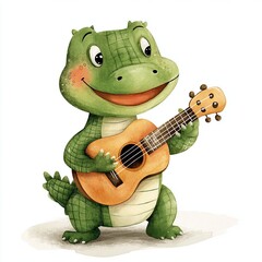 Obraz premium Kawaii cute adorable little watercolor style crocodile playing a ukulele, isolated on a white background