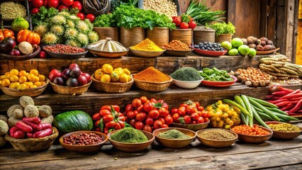 Colorful food arrangement on a wooden counter, market style, food presentation