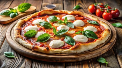 A deliciously steaming plate of classic napolitana pizza with melted mozzarella cheese and fresh basil leaves on a wooden cutting board, basil, mozzarella
