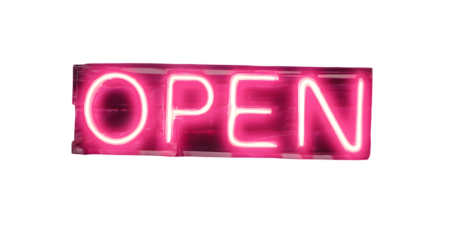 Neon pink open sign glowing on a textured black brick wall, showcasing vibrant nightlife vibes