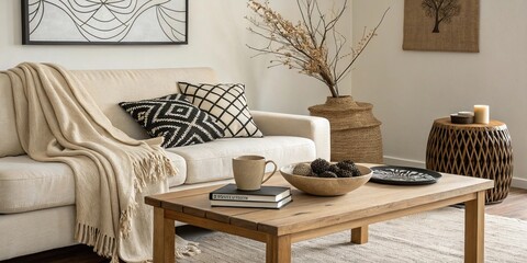 Modern living room interior design features a wooden table and chairs, creating a stylish and luxurious home d&eacute;cor