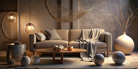 A comfortable sofa and table furnish a contemporary living room interior with stylish home d&eacute;cor