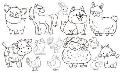 Set of flat vector illustration. Domestic farm animals. Cow pig lamb sheep sheep horse dog dog cat goose goose duck hen rooster goat. Black and white versions, coloring book . Vector illustration