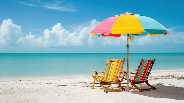 Seaside Serenity: Two empty beach chairs under a colorful umbrella facing the endless sea, evoking tranquility, relaxation, and the promise of a perfect beach day.