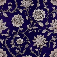 Elegant floral pattern in white on a deep purple background.