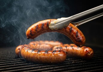 Grilled sausages on barbecue grill with smoke