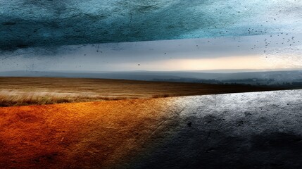 Abstract Landscape with Textured Layers, Stormy Sky, Fields, and Birds in Flight