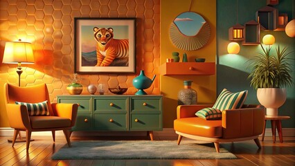 A modern living room interior boasts comfortable sofa furniture and a fireplace, showcasing luxurious home design with ample light