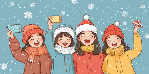 A group of friends taking a selfie and sharing New Year wishes.