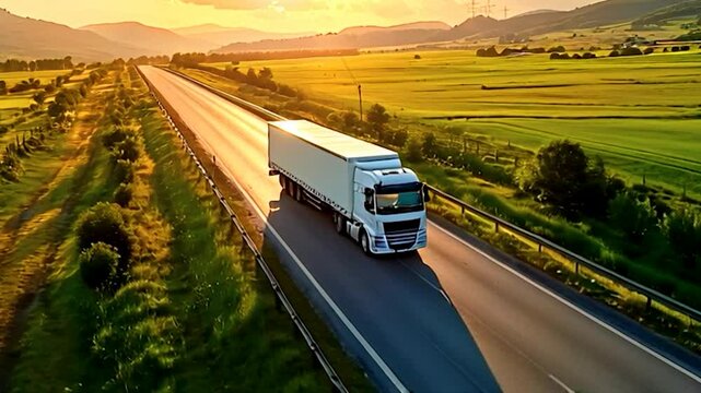 A large semi truck is driving down a long, empty road