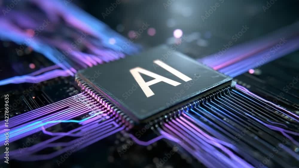 Poster ai processor: an intricate macro image showcasing a central ai processor embedded within an intricat