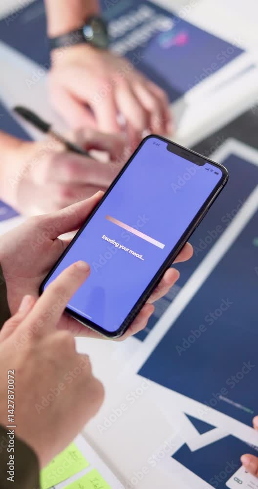 Aufkleber Hands, phone screen and business people in office, app and user experience for music streaming. Closeup, employees and group in workplace, testing website and review with connection and ux developer