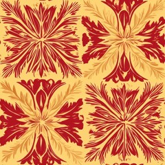 A traditional Thai floral line pattern with symmetrical designs and intricate leaf motifs, in a vibrant red and yellow color scheme