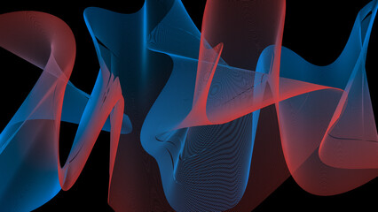 Abstract digital art with flowing blue and red lines on black. Evokes movement, connection, and balance. Versatile for modern and impactful designs.
