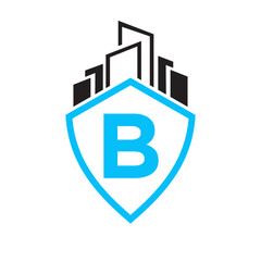 Real Estate Logo On Letter B Concept With Building and Shield Symbol Vector Template