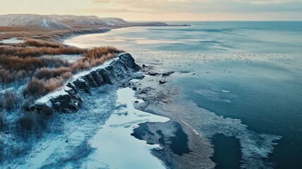 Winter coastal landscape with icy water and snow-covered cliffs